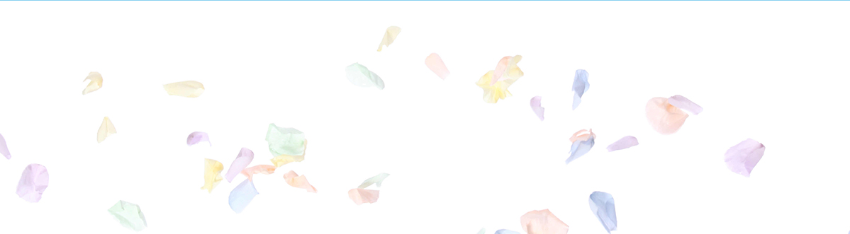 Soft pastel watercolor illustration of scattered petal shapes in pale yellow, pink, green, and purple on a clean white background